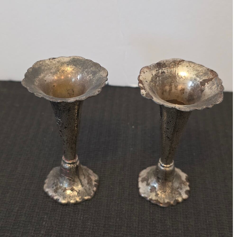 VTG 4" Metal Plated Silver Bud Trumpet Art Nouveau Vases Fluted Etched Floral